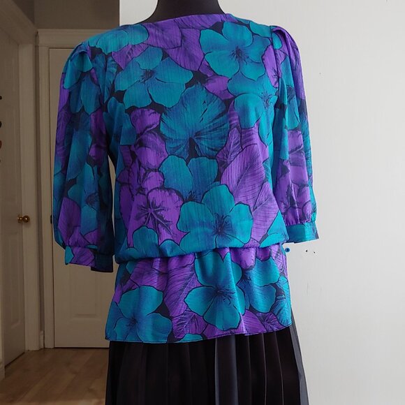 Vintage 80's Club Femme Teal Purple Black Drop Waist Dress - Picture 1 of 6